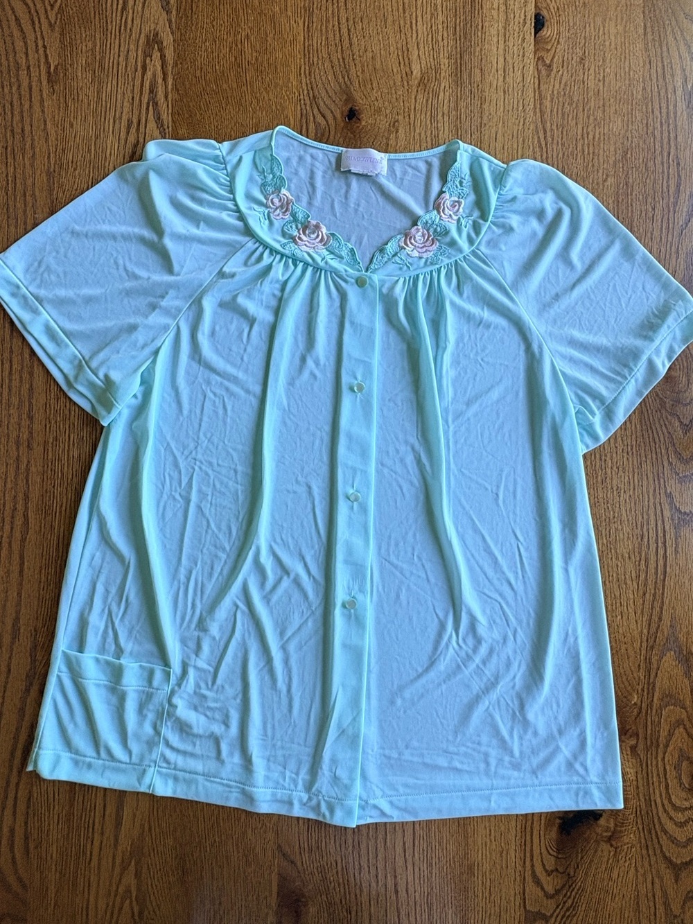 Shadowline Women's 38 Short-Sleeve Two-Piece Sleep Set with Floral Trim- Seafoam - Picture 6 of 16